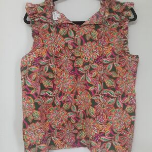 J. Crew Vibrant Floral Ruffle Blouse - Pink, Green, Orange